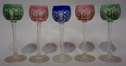 SAINT LOUIS Five coloured crystal liqueur glasses. 13 cm