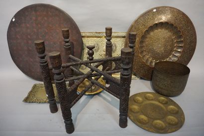 Set of brass and oriental carved wood le...