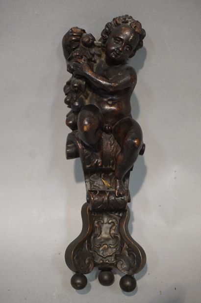 null Wooden putto (incomplete part of a larger piece of furniture) and metal tripod...