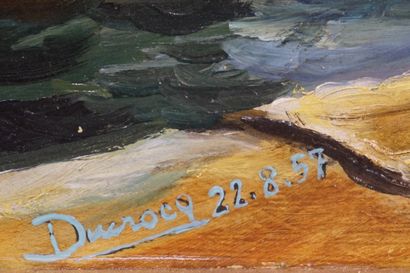 DUCROCQ "Pêcheurs sur le rivage", huile sur isorel, sbd, daté 1957. 52x72 cm