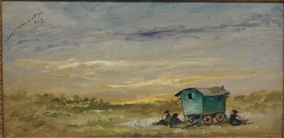 Cesare MONTI (1891-1959) "La roulotte", huile sur isorel, shg. 35x70 cm