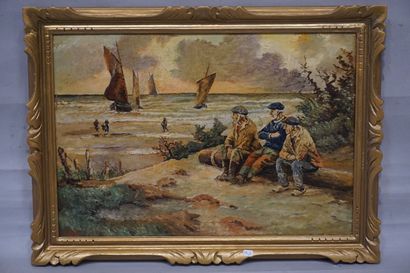 FRIDRICH "Les pêcheurs de Pont-Aven", huile sur toile, sbg (usures). 38x55 cm