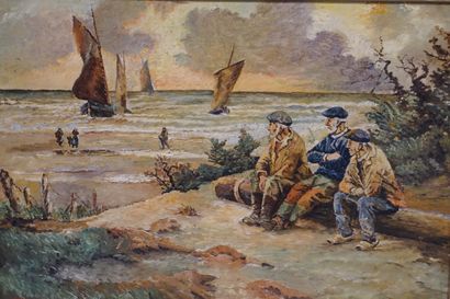 FRIDRICH "Les pêcheurs de Pont-Aven", huile sur toile, sbg (usures). 38x55 cm