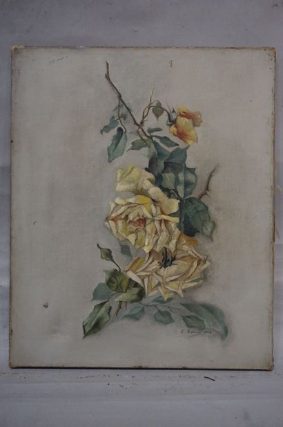 C. SALOMON "Fleurs", deux huiles sur toile, sbd et datées 1903 (manques, restaurations)....