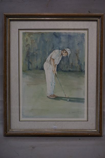 Daniel BREUIL "Golfeur", aquarelle, sbd. 41x30,5 cm