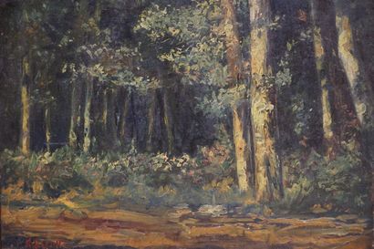 Robert BATAILLE (1898-1958) "Sous bois", huile sur toile, sbg (restaurations). 37,5x48...