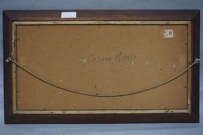 Cesare MONTI (1891-1959) "La roulotte", huile sur isorel, shg. 35x70 cm
