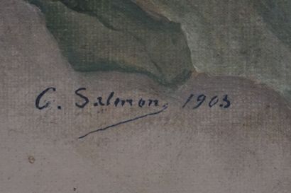 C. SALOMON "Fleurs", deux huiles sur toile, sbd et datées 1903 (manques, restaurations)....
