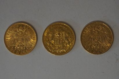 null Trois pièces de vingt Reich Mark en or de 1985- 1901 et 1902 (Poids Total: ...
