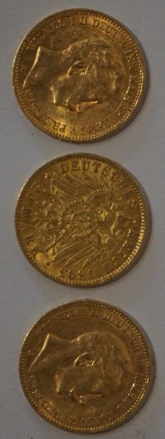 Trois pièces de vingt Reich Mark en or de...