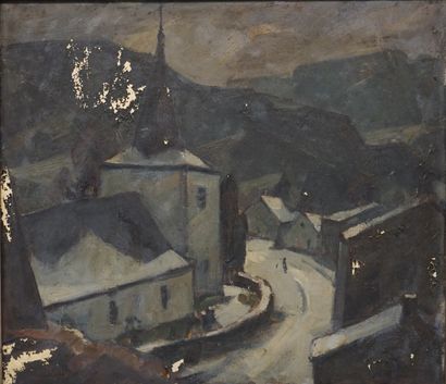Albert RATY "Eglise de Vresse", huile sur toile, sbg (manques). 70x80 cm