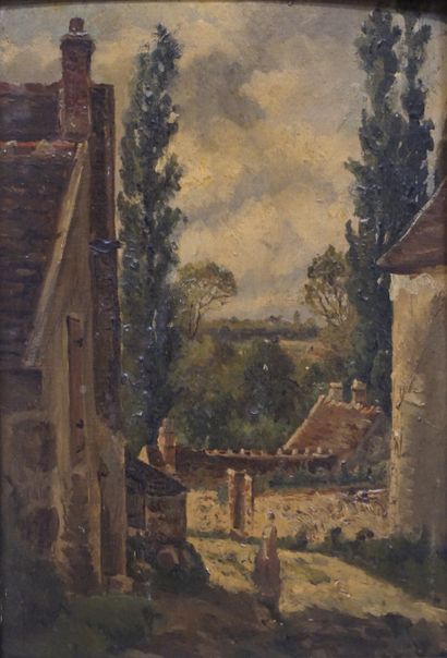 null Ecole XIXe : "Paysanne dans une ruelle", huile sur panneau (soulèvements). 24x16...