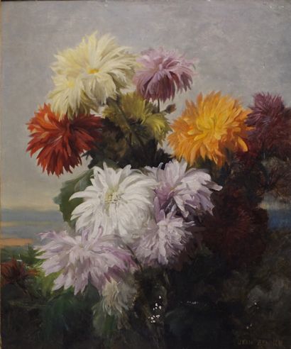 Jean BENNER (1836-1909) "Dahlias", huile sur toile, sbd (éclats). 55x46,5 cm