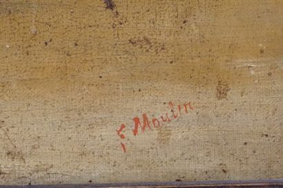 MOULIN "Chats et oiseau", huile sur toile,sbd (accidents). 63x79 cm