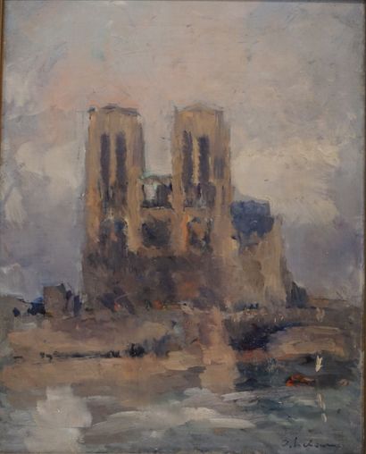 ALBERT LEBOURG (1849-1928) 
"Vue de Notre-Dame", esquisse à l'huile sur toile (rentoilée),...