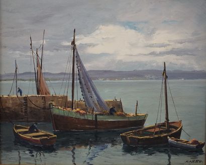 FRANCOIS CARBU "Bateaux de pêche au port", huile sur toile sbd. 38x46 cm