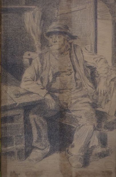 Ange DEGLISE alias Jacques DORVAL "Paysan à la pipe", crayon, 1896 (Ancienne collection...