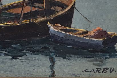 FRANCOIS CARBU "Bateaux de pêche au port", huile sur toile sbd. 38x46 cm