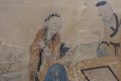 CHINE Chine - XVIIIe siècle. Broderie et encre polychrome sur soie écrue, représentant...