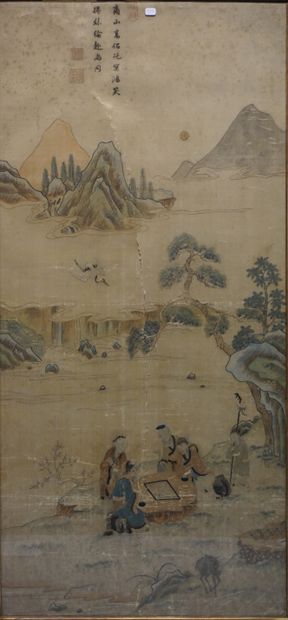 CHINE Chine - XVIIIe siècle. Broderie et encre polychrome sur soie écrue, représentant...