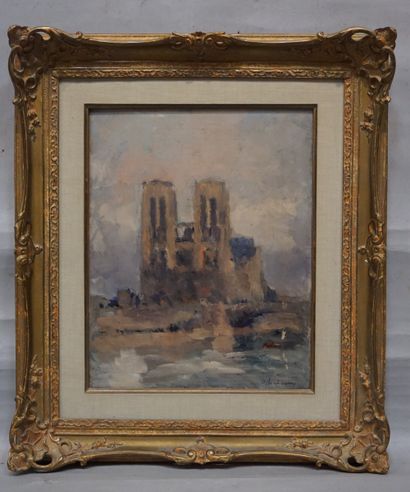 ALBERT LEBOURG (1849-1928) 
"Vue de Notre-Dame", esquisse à l'huile sur toile (rentoilée),...
