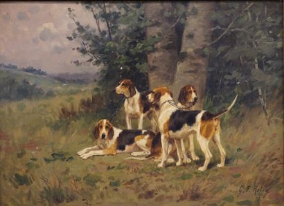 Georges Frédéric ROTIG (1873-1961) "Chiens de chasse au repos", huile sur panneau,...