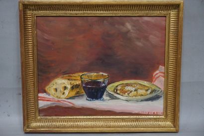 LEPRETRE "Du pain, du vin, du boursin", huile sur panneau, sbd. 31x39 cm