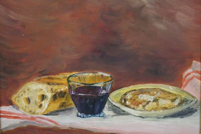 LEPRETRE "Du pain, du vin, du boursin", huile sur panneau, sbd. 31x39 cm