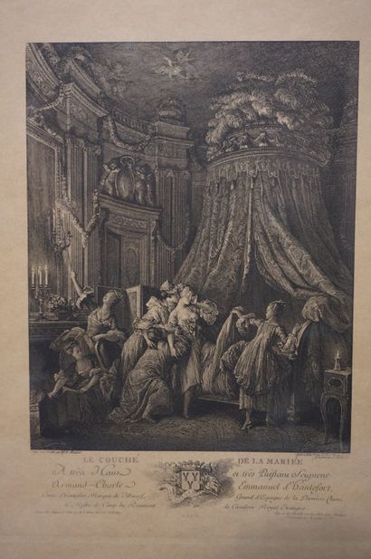 null Set of seven framed pieces, engravings: "The holy family", "The lying of the...