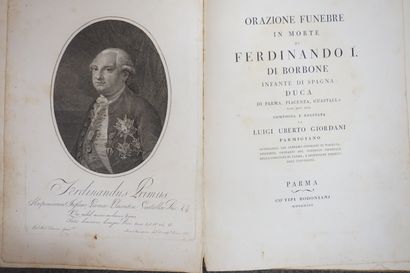 null Un volume "Orazione funebre in morte di Ferdinando 1er di Borbone" Parme, 1...