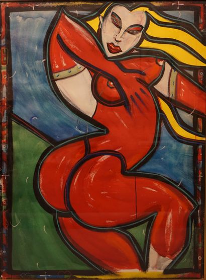 null Ecole contemporaine : "Femme en rouge", gouache, sbd. 130x97 cm