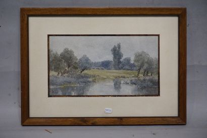 *L. PETIT "Etang", aquarelle, sbg. 15x27 cm