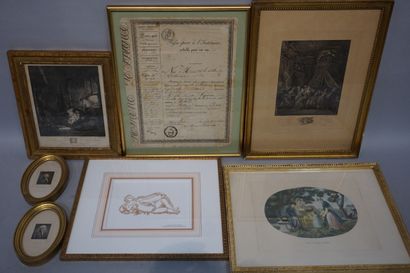 null Set of seven framed pieces, engravings: "The holy family", "The lying of the...