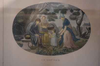 null Manette de sept pièces encadrées, gravures : "La sainte famille", Le couché...