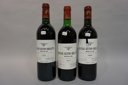  3 bouteilles Château BISTON-BRILLETTE, Moulis (1 de 77 LB, 1 de 86 ea, 1 de 94)...