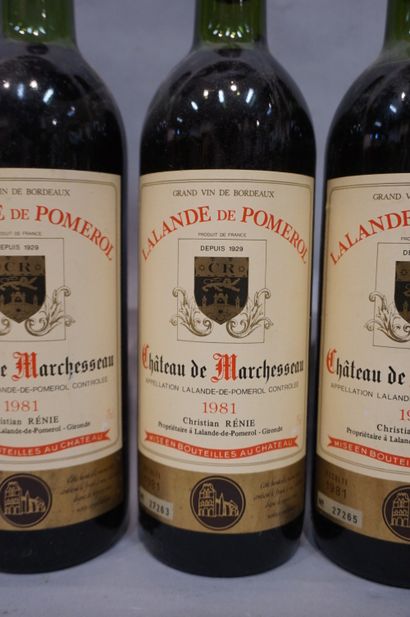 null Cinq bouteilles de Lalande de Pomerol Château de Marchesseau 1980.