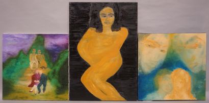 JAY Trois huiles : "Femme" (73x50 cm), "Personnages", "Visage"