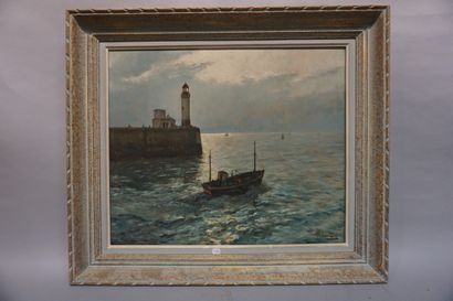 A. David "Chalutier sortant du port", huile sur toile, sbd. 46x55 cm