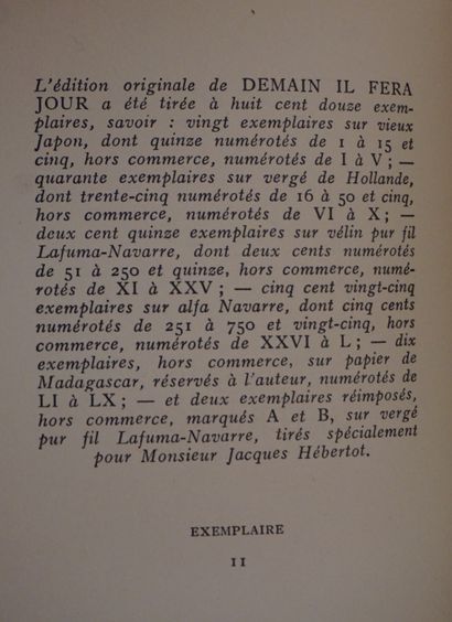 null MONTHERLANT (Henry de). Demain il fera jour. Paris, Gallimard, 1949, in-12,...