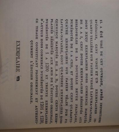 null GIDE (André). Les faux-monnayeurs. Paris, NRF, 1925, in-8, full mar. janseniste...