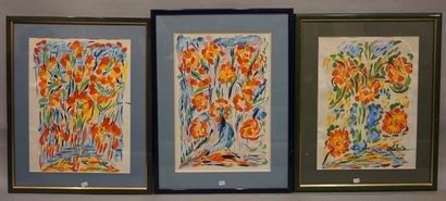 Charles SHULZ "Flowers", three paintings, sbd. 40x27 cm approx.