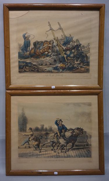 null Two engravings after Vernet: "Route du marché" and "Les chevaux de bateau"....