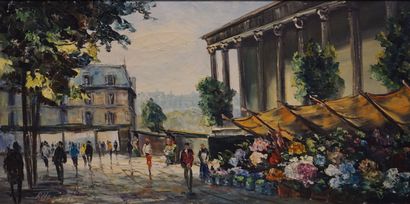 RELO "Flower market in Paris", oil on canvas, sbg. 40x80 cm