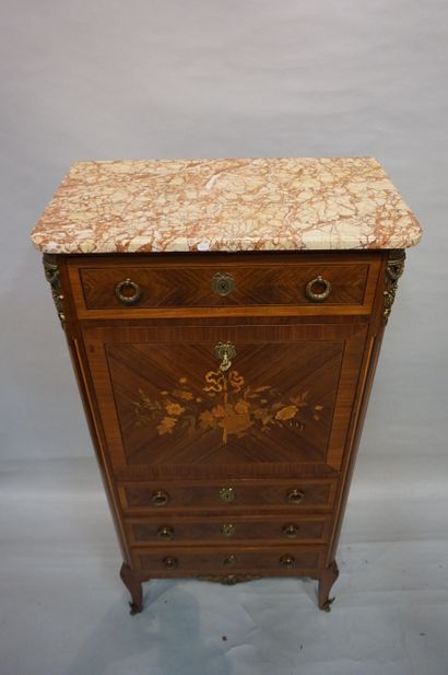 SECRETAIRE Veneer and marquetry straight desk with four drawers and a flap. Transition...