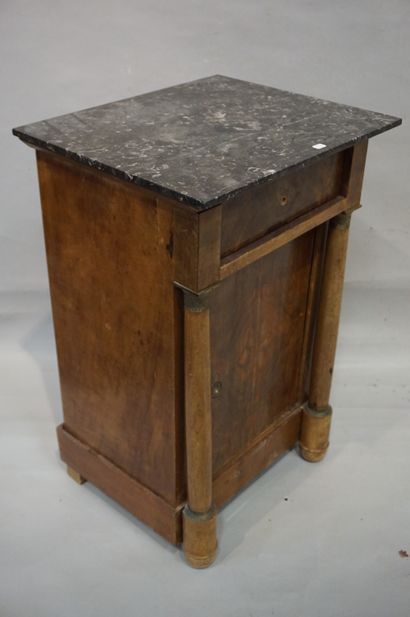 * Mahogany bedside table with detached columns, a door and a drawer. Grey marble...