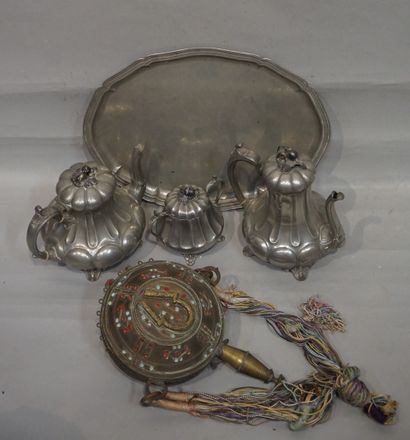 null Pewter tea set, dish and oriental flask.