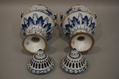 null Pair of blue/white earthenware incense burners marked NB (accidents). 28 cm