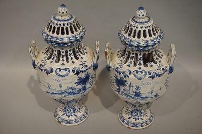 null Pair of blue/white earthenware incense burners marked NB (accidents). 28 cm