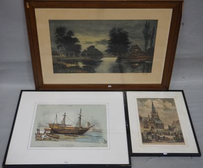 null 
Three framed pieces: engraving after Roth "Barques de nuit" (59x81 cm), "Voilier...