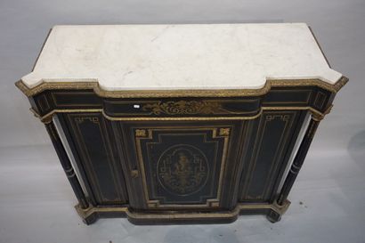 * One door sideboard with detached columns in blackened wood and brass marquetry...